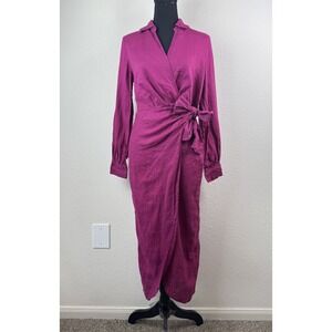 Magaschoni 100% Linen Wrap Midi Dress Women's Sz 8 Fuchsia Magenta Tie Coastal